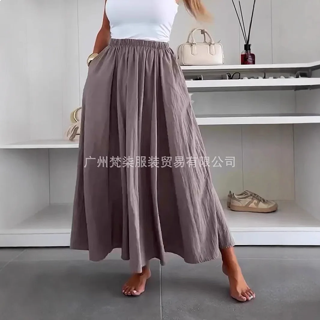 

High Waist A Line Pleated Midi Skirt Women Summer Cotton Linen Long Skirts Casual Flowy Boho Skirts