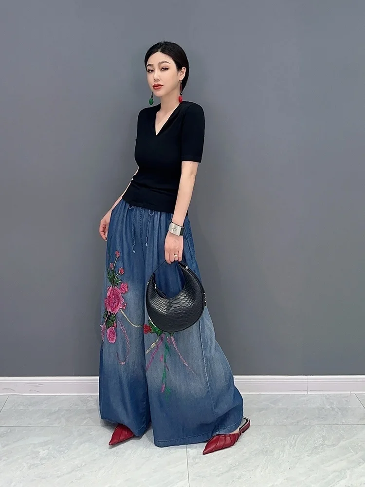 Vefadisa 2024 Summer New Korean Fashion Embroidery Flower Long Soft Denim Wide Leg Jeans Women Single Piece Pants ZXF155B