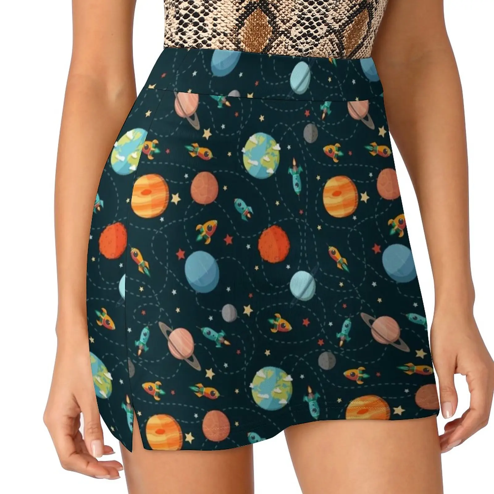 Space Adventure Women's skirt Mini Skirts A Line Skirt With Hide Pocket Space Planet Cartoon Pattern Vector Earth Rocket