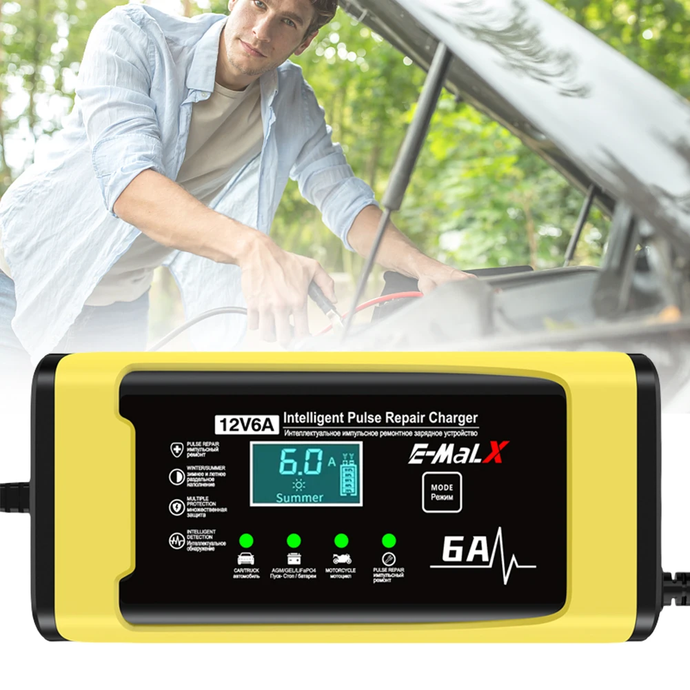 Chargeur intelligent pour motos électriques 6A 12V, unité de charge de batterie de voiture et de moto pour Batteries au plomb AGM GEL
