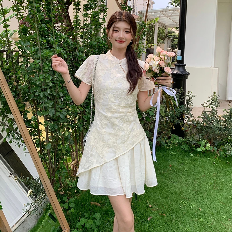

New Fashion Elegant Party Chic Chinese Qipao Short Dresses 2025 Summer Women's Apricot Modern Cheongsams Irregular Dresses