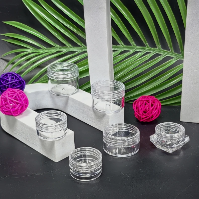 Frascos de plástico transparente redondos com tampas superiores redondas para cremes, recipientes cosméticos empilháveis com tampas de parafuso, etiquetas, loções, pós