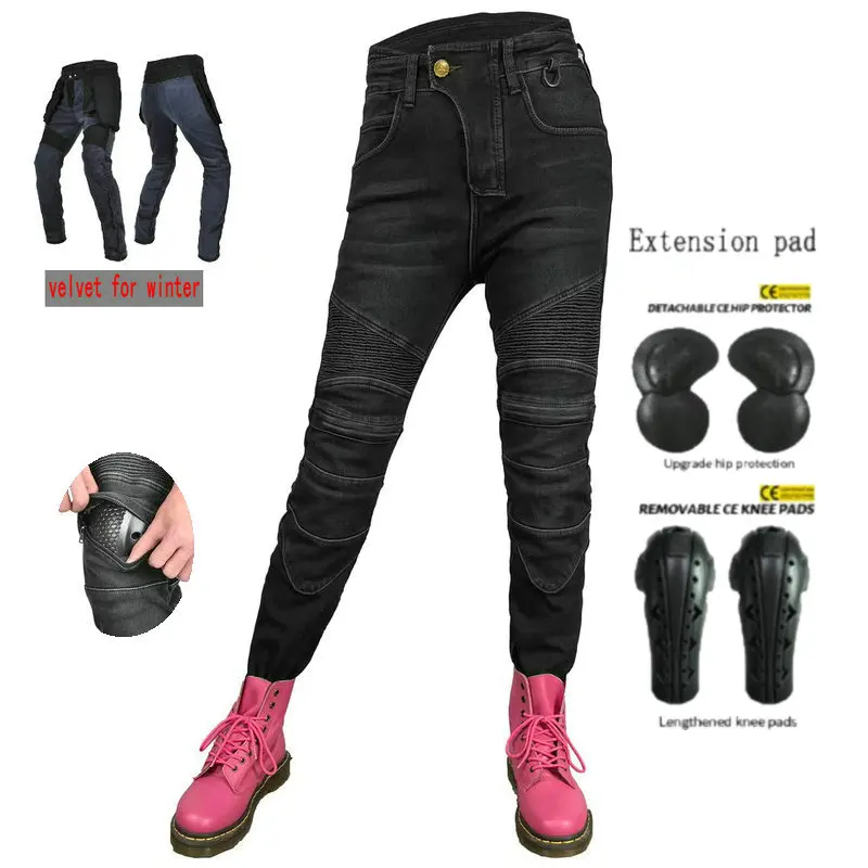 Female Winter Motorcycle Riding Jeans Volero Velvet Warm Protection Pants Motocross Riding Casual Protective Trousers For Girls