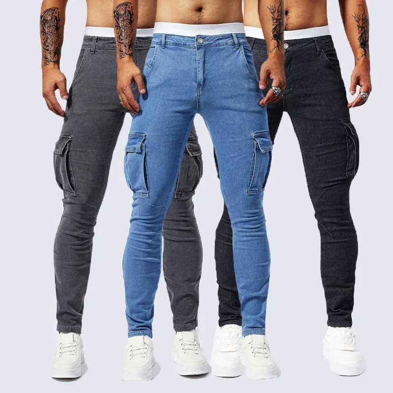 Slim Fit Large Pocket Jeans Cargo Pants for Men Fashionable Casual Hip Hop Stretch Denim Long Pants Male Streetwear Track Pants