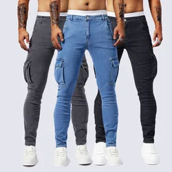 Slim Fit Large Pocket Jeans Cargo Pants for Men Fashionable Casual Hip Hop Stretch Denim Long Pants Male Streetwear Track Pants