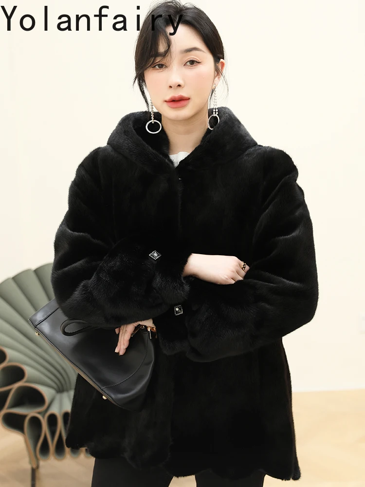YOLANFAIRY Prawdziwa Kurtka z Naturalnego Futra Norki dla Kobiet Luksusowa Zimowa Kurtka z Naturalnego Futra z Kapturem Ciepłe Prawdziwe Czarne Futra Casaco