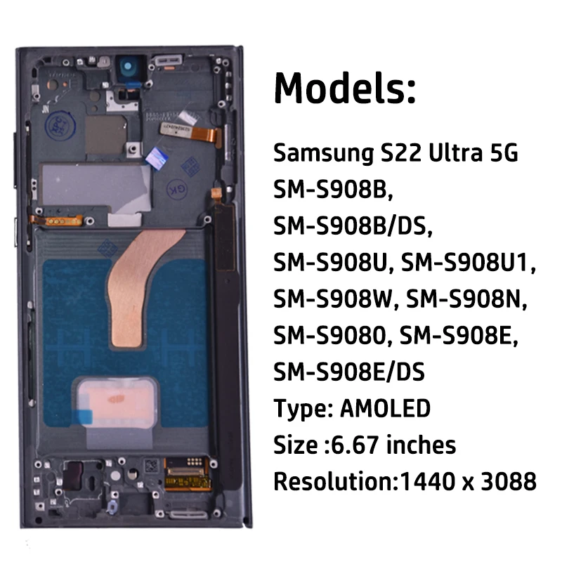 삼성 갤럭시 S22 울트라 5G AMOLED 디스플레이 터치 스크린 교체용 S22 울트라 S908B LCD S펜 지문인식 지원