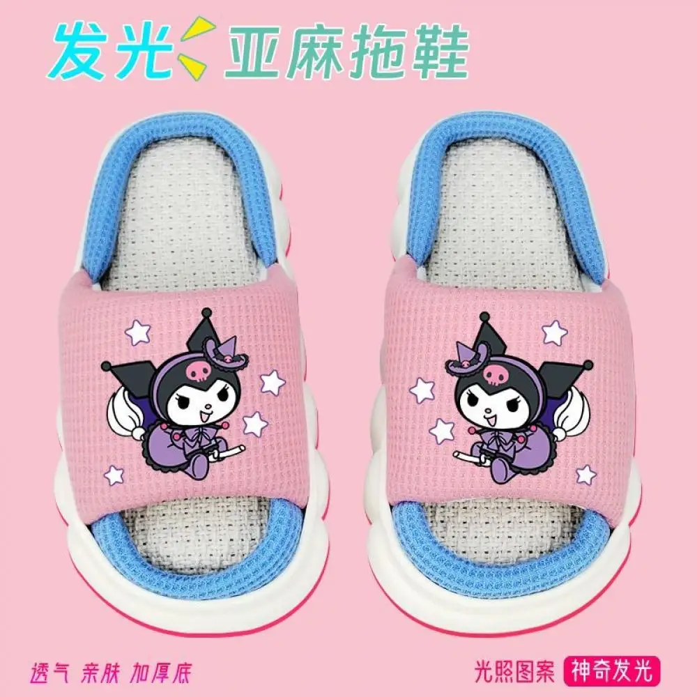 Kuromi Hello Kitty Cute Antislip Flax Slippers My Melody Cinnamoroll Purin Dog Pochacco Sanrio Spring Kids Girls Linen Home Shoe