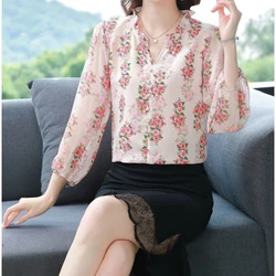 Ladies Spring Fashion Trend Floral Chiffon Loose Lapel Soft Nine-minute Sleeve Shirts Women Clothing Casual Printing Blouse