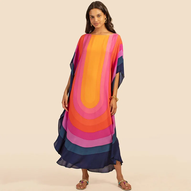 

Rainbow Striped Long Kaftan Bikini Cover-ups Loose Summer Beach Dress Women Chiffon Beach Wear Robe De Plage