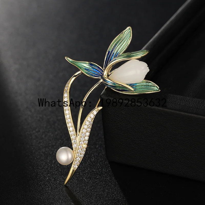 XZ high-grade Magnolia brooch enamel freshwater pearl flower pin elegant