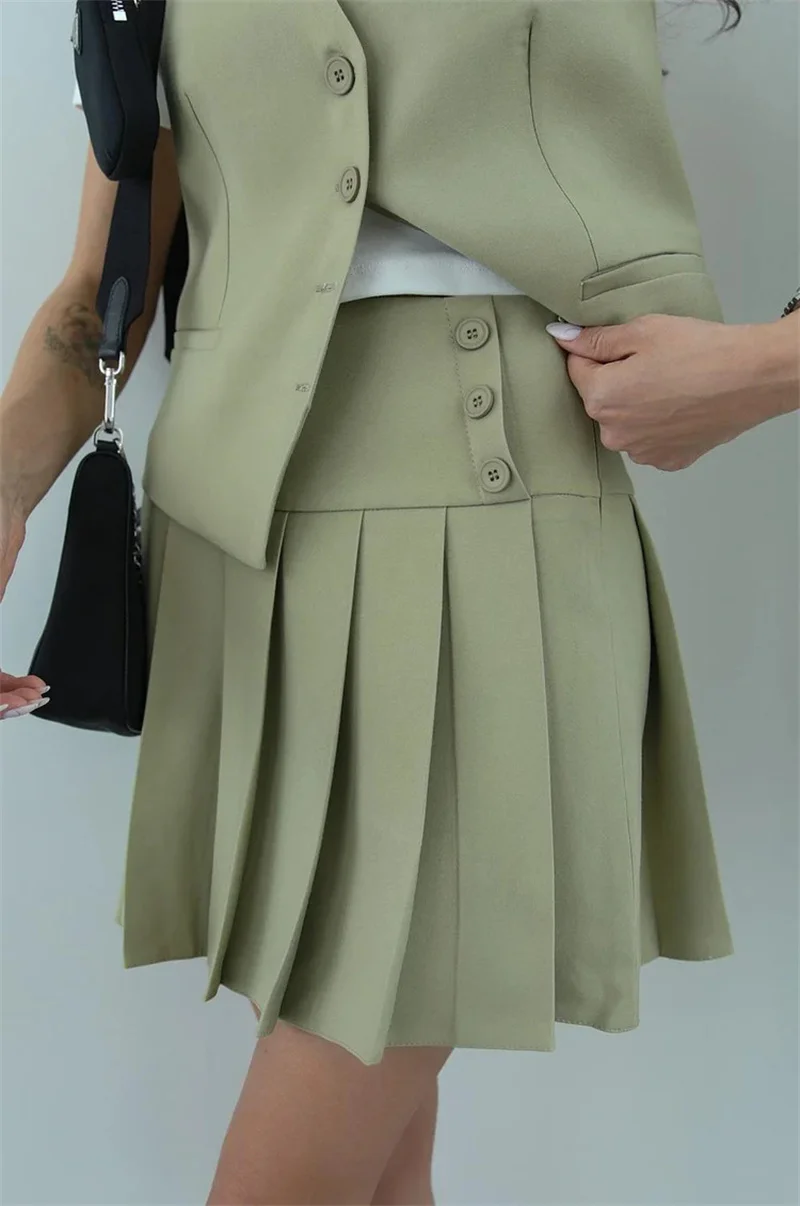 Streetwear 2 Piece Set Outfits for Women Sleeveless Summer Top Office Lady Work Mini Pleated Skirt for Girls Workout Skirts Sets