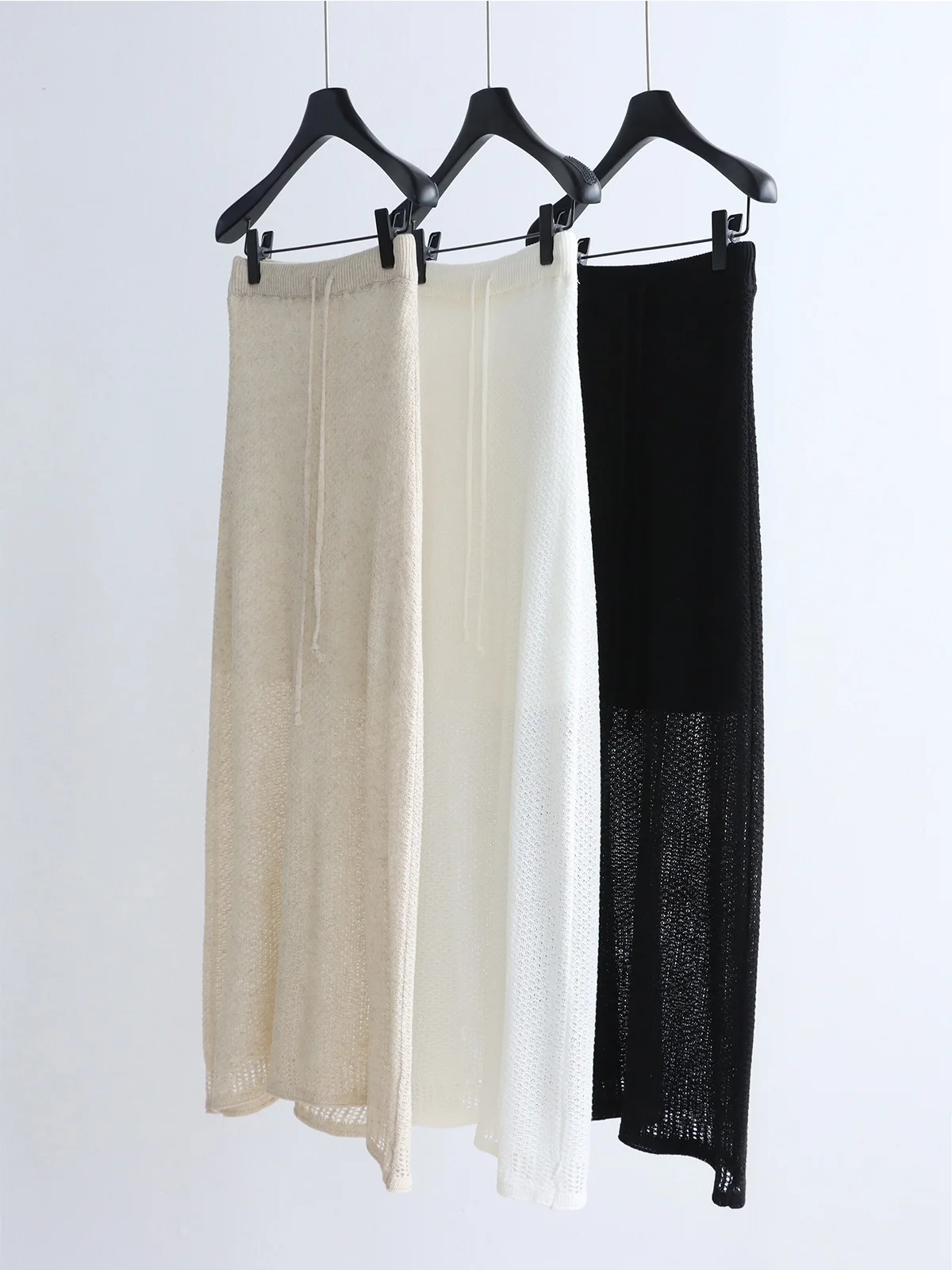 

Dave&di Lined Linen Hollow Knit Midi Skirt With Lazy Korean Drawstring Mid Length Skirt Versatile Casual Straight Tube Skirt