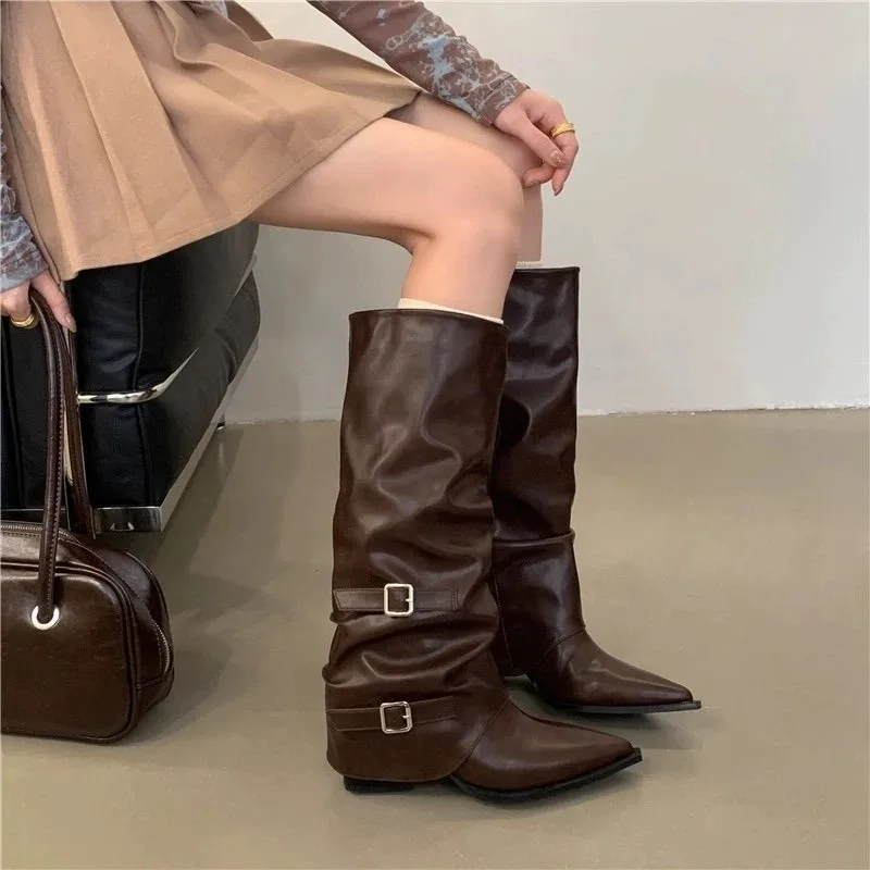 Women Soft Faux Leather Knee High Boots, Pointed Toe Low Heel, Double Metal Buckle, Ruched Tall Trendy Boots for Women