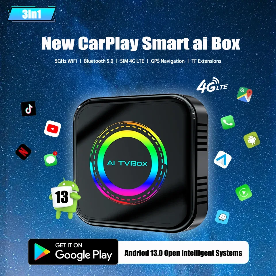 

New 2025 Android 13 LED Ai Box Wireless CarPlay & Android Auto 3in1 Multimedia Box Built-in Netfilx Youtube GPS SIM 4G LTE