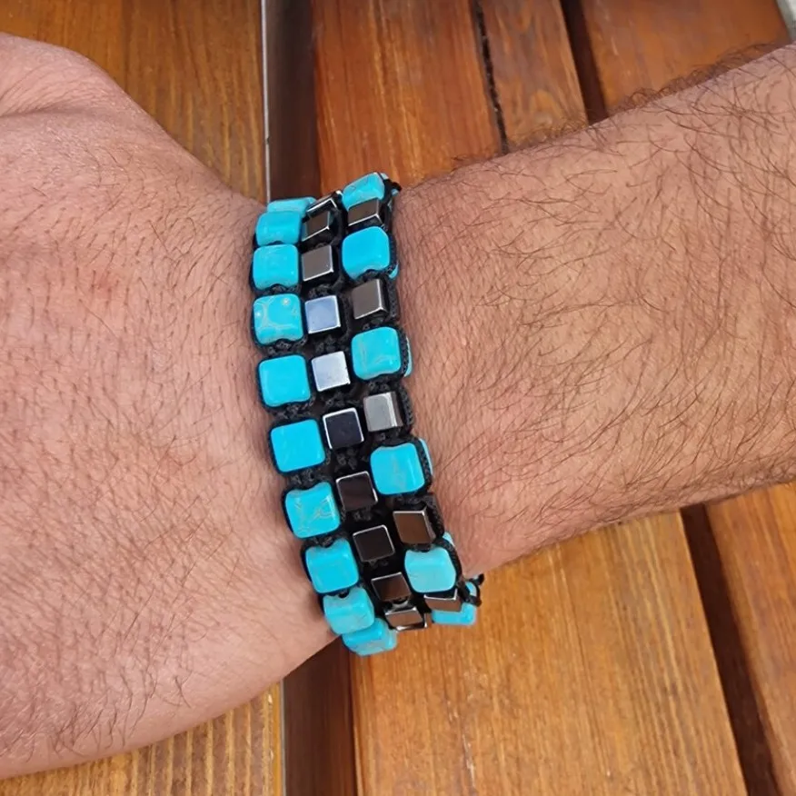 Meetvii Rectangle Black Onyx Stone Yoga Beaded Bracelets Adjustable Braided Fade-Resistant Jewelry for Men Women