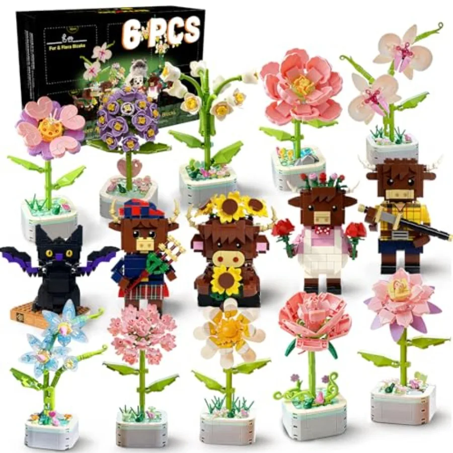 

6 Set Flowers and Animal Building Blocks Blind Box -5 Flowers and 1 Animal Highland Cow or Black Cat Random Building Sets, A Cr