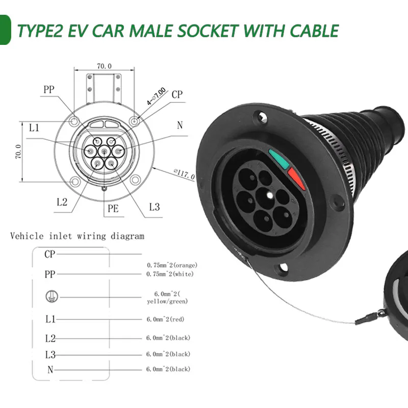 Ev Зарядные станции EVSE 3 фазы 32A Тип 2 разъем IEC 62196-2 Автомобильная боковая штепсельная розетка входной Электрический автомобильный кабель