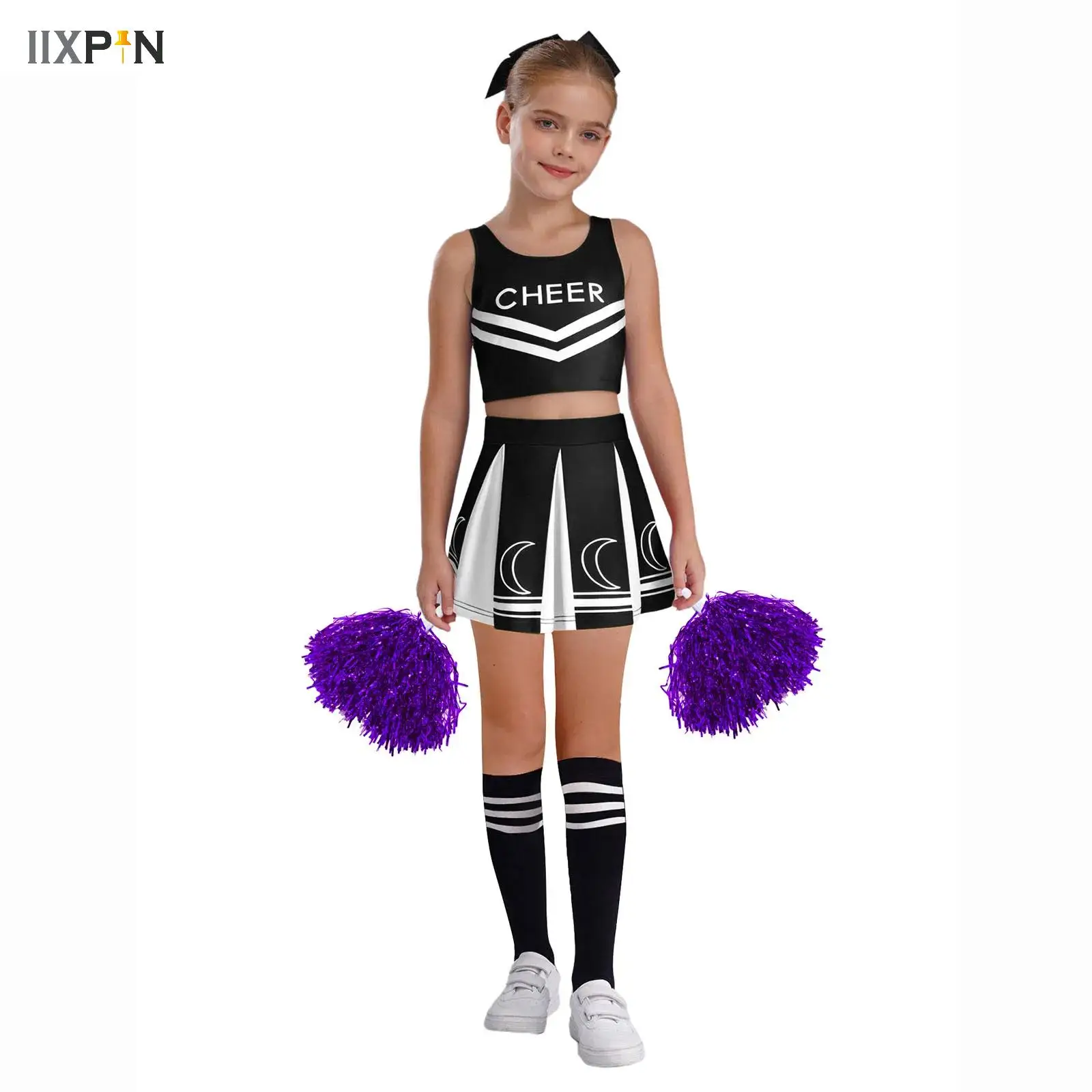 

Kids Cheerlead Outfits Cheerleading Uniform Letter Printed Sleeveless Crop Top Skirt with Socks Flower School Girls Dancewear