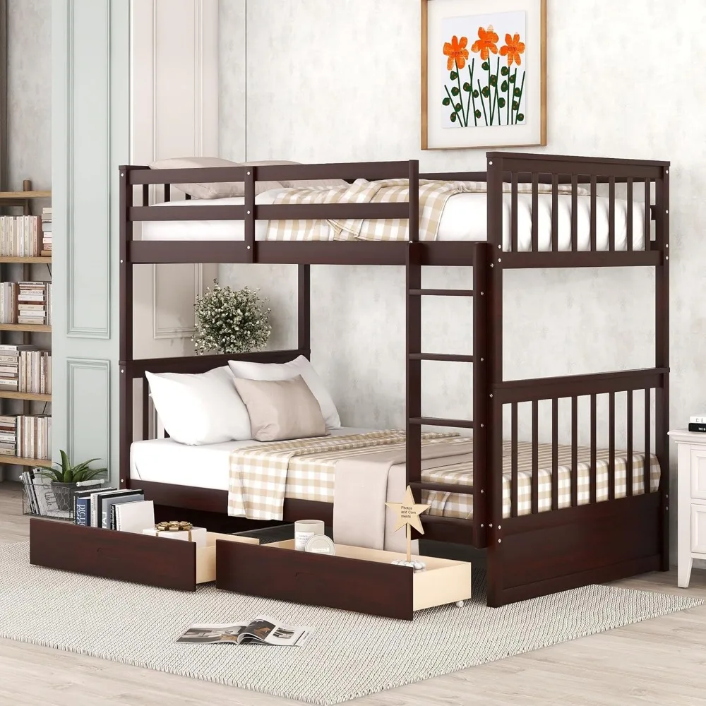 Wood Bunk Bed with Drawers,Convertible Wood Bunk Bed with Ladders and Two Storage Drawers,Solid Wood Detachable Bunk Bed