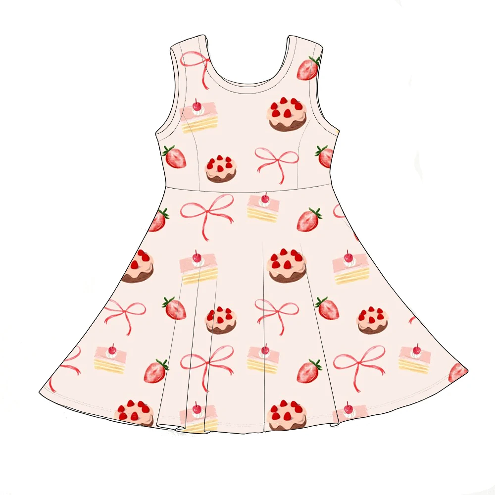 Boutique children's girls' dress Spaghetti strap fitted dress bow cartoon fruit cake print wholesal custom