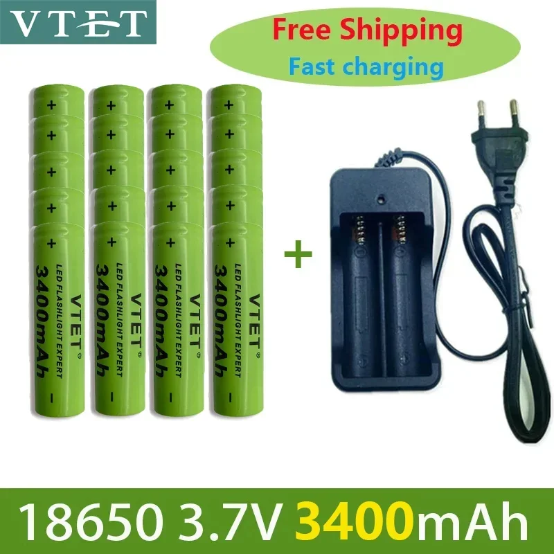 2024 Battery Rechargeable Battery 3.7V 18650 3400mAh Capacity Li-ion Rechargeable Battery for Flashlight Torch Battery+Charger