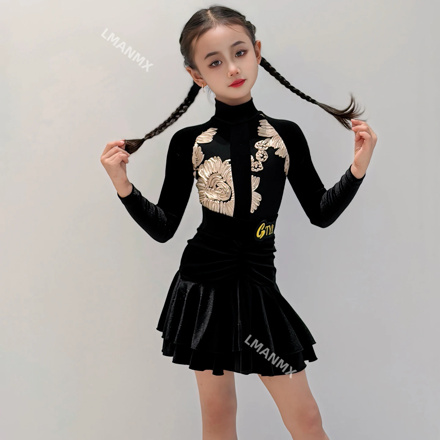 

Girls' 2025 New Winter Clothing Velvet Premium Black Practice Suit Set Performance Dress