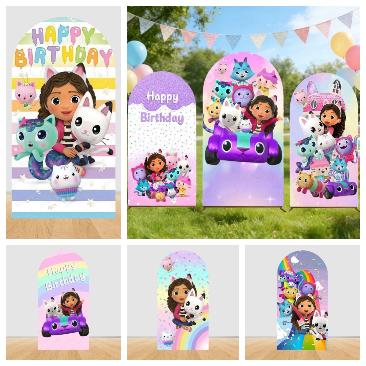 Rosa Cartoon Niedlicher Puppenhaus-Bogen Hintergrund Babyparty-Dekoration Mädchen Geburtstagsfeier Bogen-Abdeckung Individueller Foto-Hintergrund