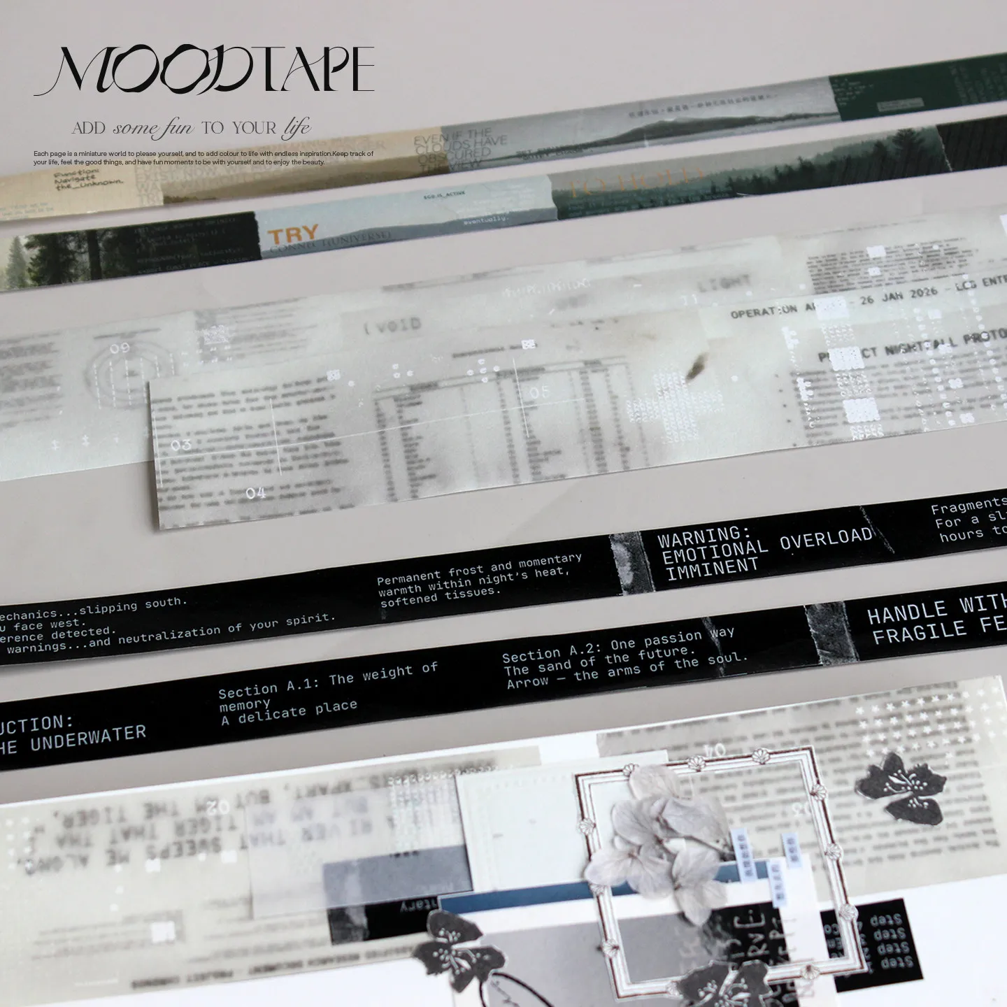 9.3 Moodtape Landscape Poet Original Basic English Text Background Washi Tape for Journal Collage Scrapbooking Sticker