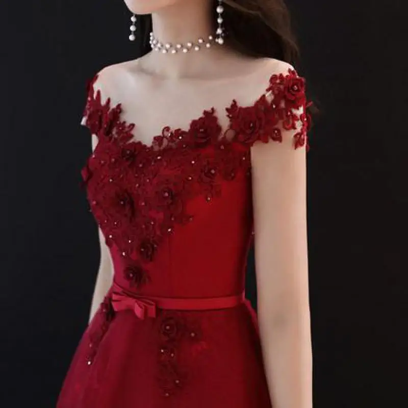 Red Flower Appliques Bride Wedding Party Dress Gown Off Shoulder Sexy Qipao Mesh Bandage Beads Cheongsam Female Belt Vestidos