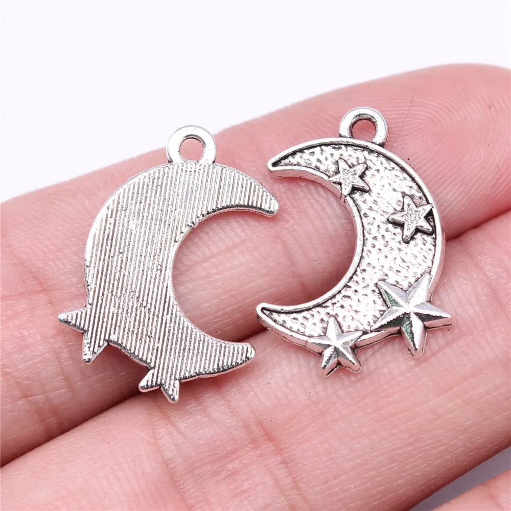 20pcs/lot 22x16mm Star And Moon Charms For Jewelry Making Antique Silver Color 0.87x0.63inch