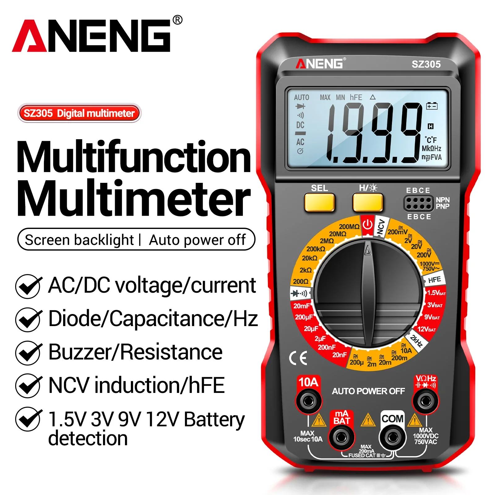 ANENG SZ305 Digital Multimeter 1999 Count Capacitor Resistance Frequency Transistor Detection NCV Non contact Electrical Testing