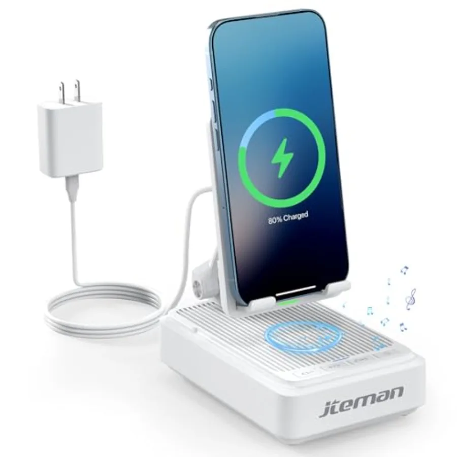 Soporte para Teléfono Celular con Altavoz Bluetooth y Cargador Inalámbrico, Estación de Carga de Escritorio, Altavoz para iPhone, Regalo de Navidad o Cumpleaños