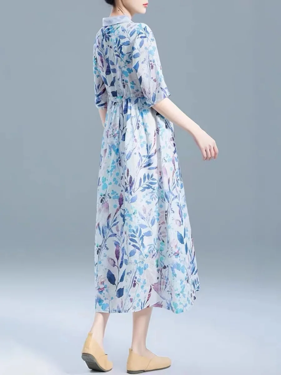 المرأة الصيف ألف خط ميدي الدكتور الأزهار طباعة الكتان القطن مزيج تنورة الرجعية ort Sve دمية طوق خمر Sle Dr