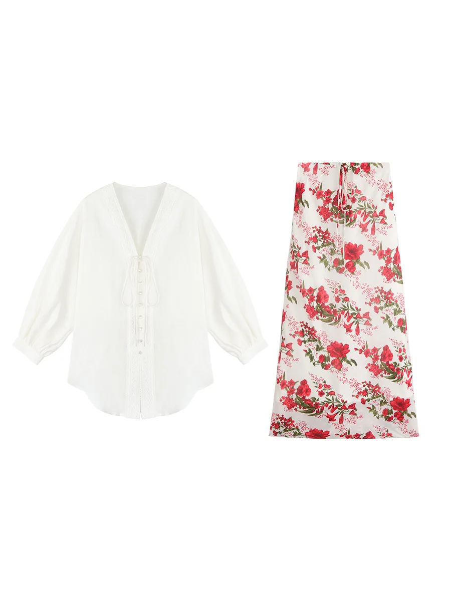

Romantic Floral Print Linen Oversize irt And Skirt Set Women's Summer Faion Loose Fit V Ne Two Piece Ensemble