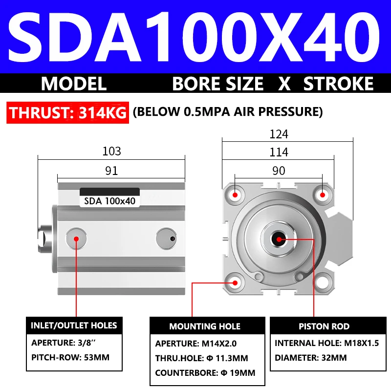 ABILKEEN SDA100X40 SDA Series Thin Air Cylinder 100MM Female Thread Bore X 40MM Stroke Double Acting Pneumatic Compact Cylinder