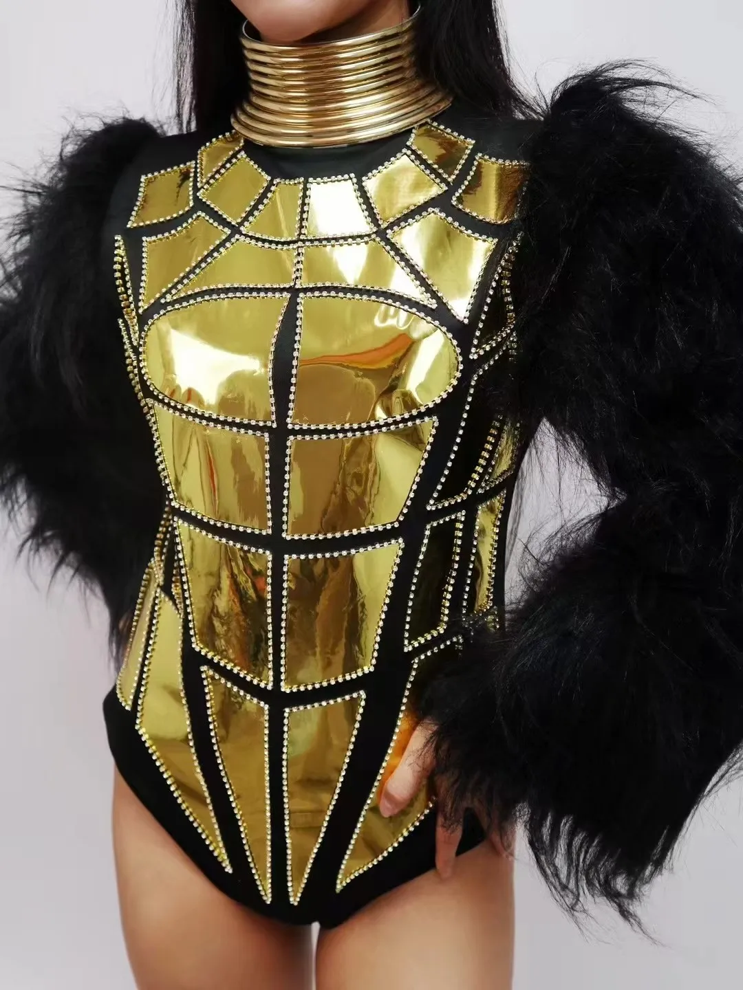 Body Sexy con manga de piel para Bar, traje láser dorado para club nocturno, traje de baile para actuación de bailarina y cantante, disfraz de Drag Queen para escenario