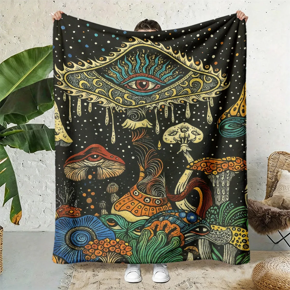 Psychedelic Mystic Eye Mushroom Flannel Throw Blanket Trippy Cosmic Art Print Soft Warm Blanket for Sofa Bedroom Decor
