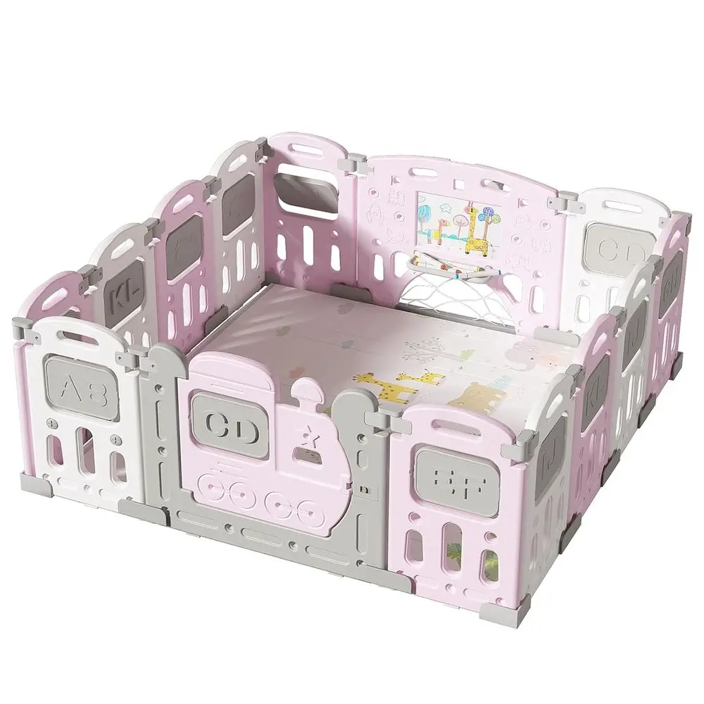 Tragbarer rosa Laufstall mit klappbarem Sicherheitszaun, Aktivitätszentrum und Spiele für den Innen- und Außenbereich