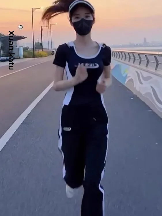 

Summer New Fashion Casual Sports Set Women Loose round Neck Slim Short Sleeve Top Wide Leg Pants Two Piece Set Trendy