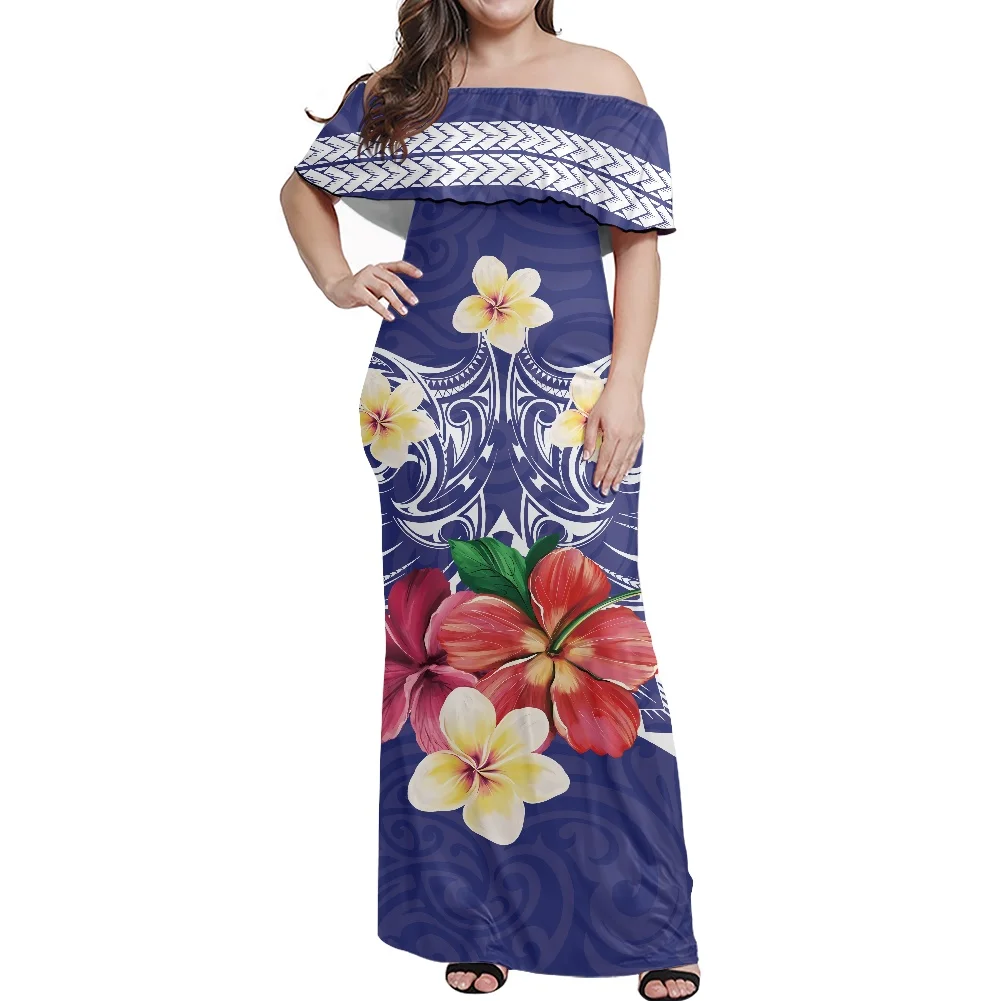 Large Size Women's Evening Dress Blue Sexy Off-The-Shoulder Dress Polynesian Printing Sea Turtle Dress Summer Good For Parties