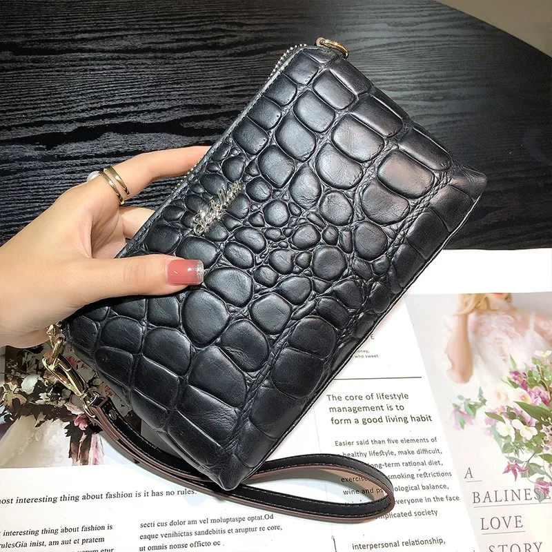 Women Real Leather Cellphone Clutch Two-way Use Genuine Cow Leather Handbag Fashion Long Wallet with Wrist Strap 7-5