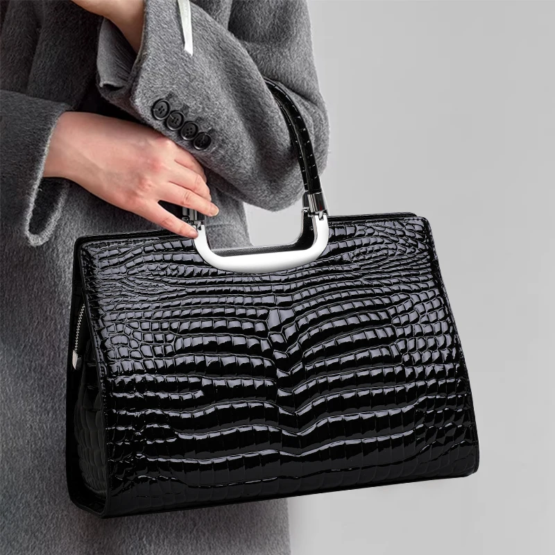 Aidrani Genuine Cowhide Women Croc Pattern Tote Bag, Shiny Patent Leather Top Handle Handbag, Large Work Shoulder Bag