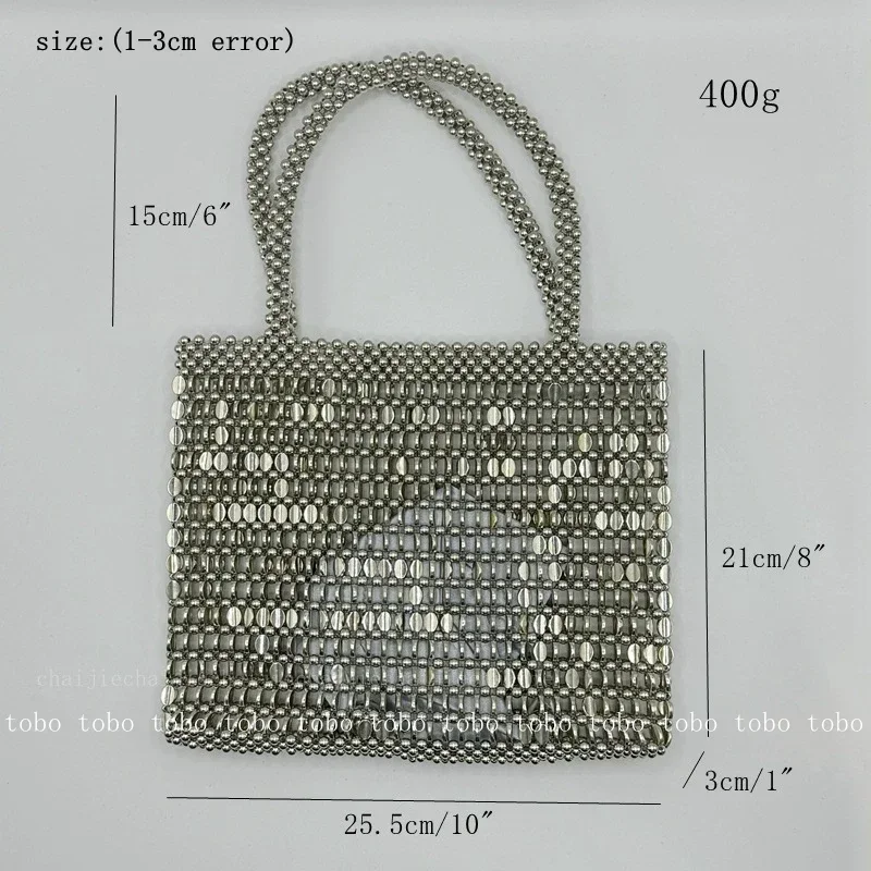 Vintage Silver Metal Shiny Evening Ladies Bag Handwoven Beaded Purses Handbags Sequin Pearl Shoulder Tote Bags for Women