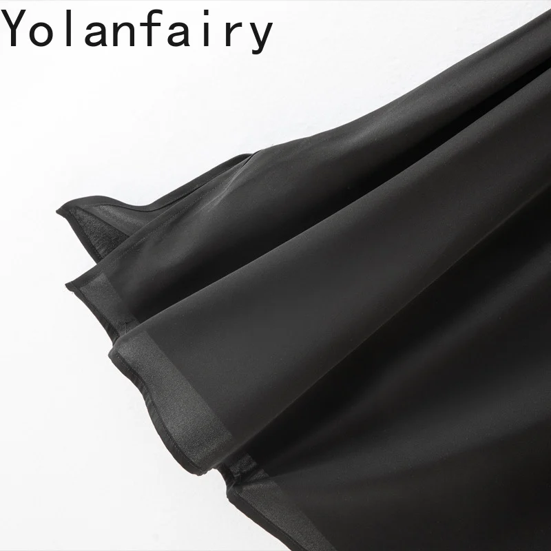 YOLANFAIRY 93% vera seta di gelso abiti eleganti per donna estate manica corta in raso abito nero con lacci abiti casual da donna