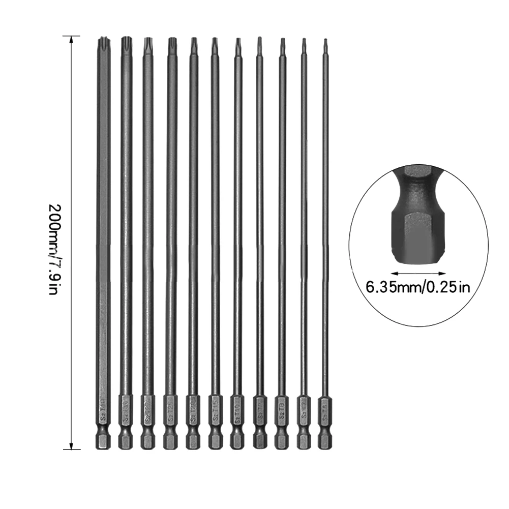 11 pçs torx chave de fenda bit magnética com furo hex haste para broca elétrica 200mm liga equipamentos oficina ferramentas manuais acessórios