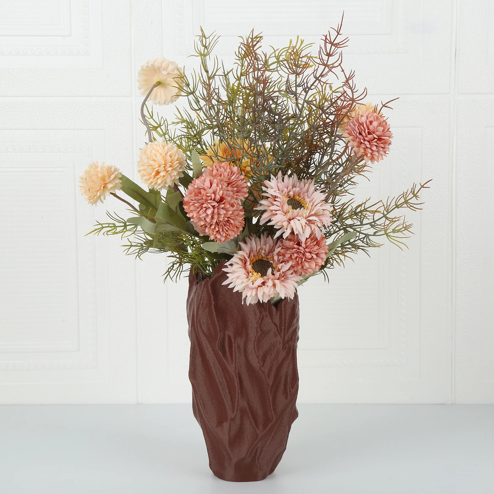 Cross-border Supply Vintage Textured Brown Vase With Morandi Pink Artificial Flower Bouquet Set Living Room Floral Home Decor Or