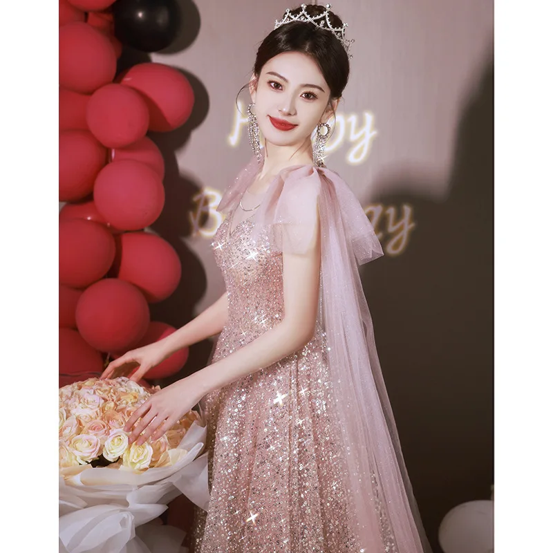 

Pink Evening Dress 2025 New Fairy Style Banquet Birthday Graduation Adult Princess Engagement Dress