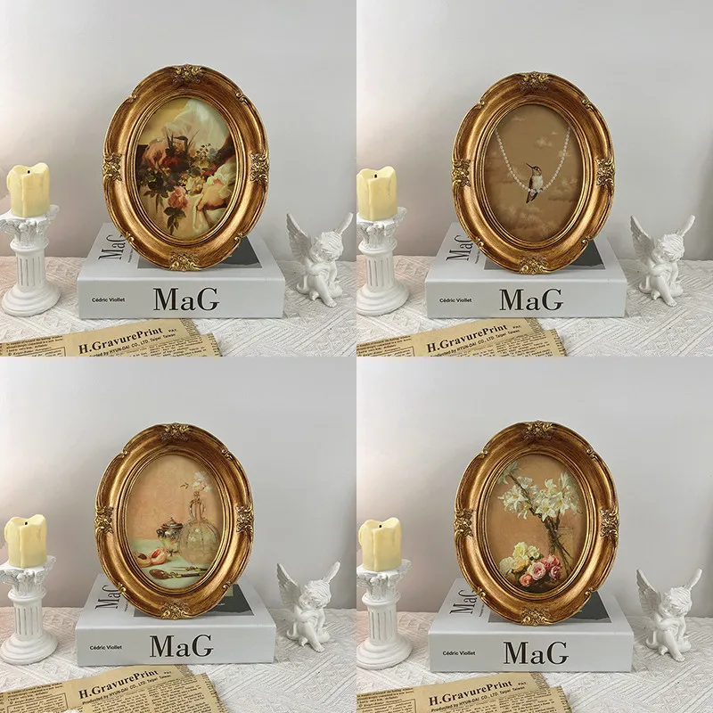 

French retro oil painting decorative painting living room porch bedroom desktop ornament engraved oval glass photo frame hanging