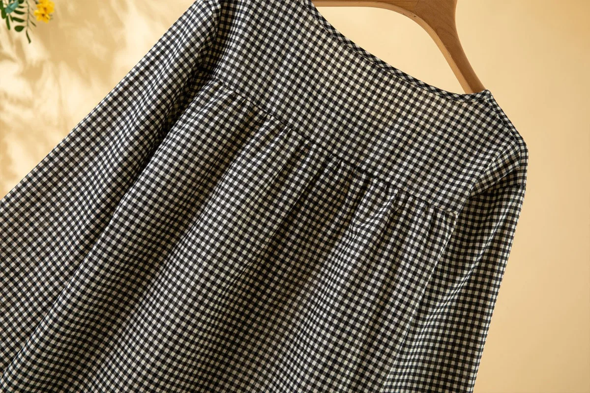2026 Japanese New Spring And Autumn Women's Pajama Set 100% Cotton Checkered Round Neck Long Sleeve Home Clothes Two Piece Set 4